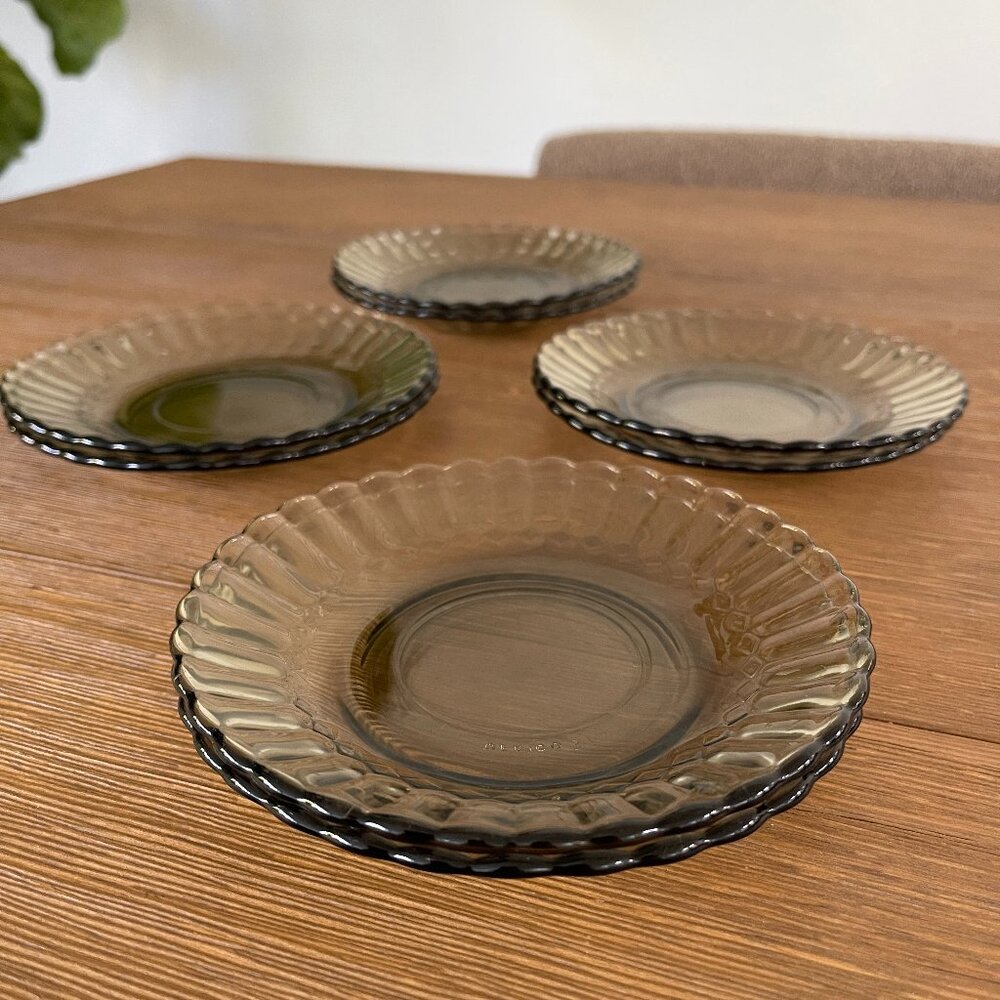 Vintage Fortecrisa Brown Smoky Glass Fluted Saucers Mexico - Set of 8